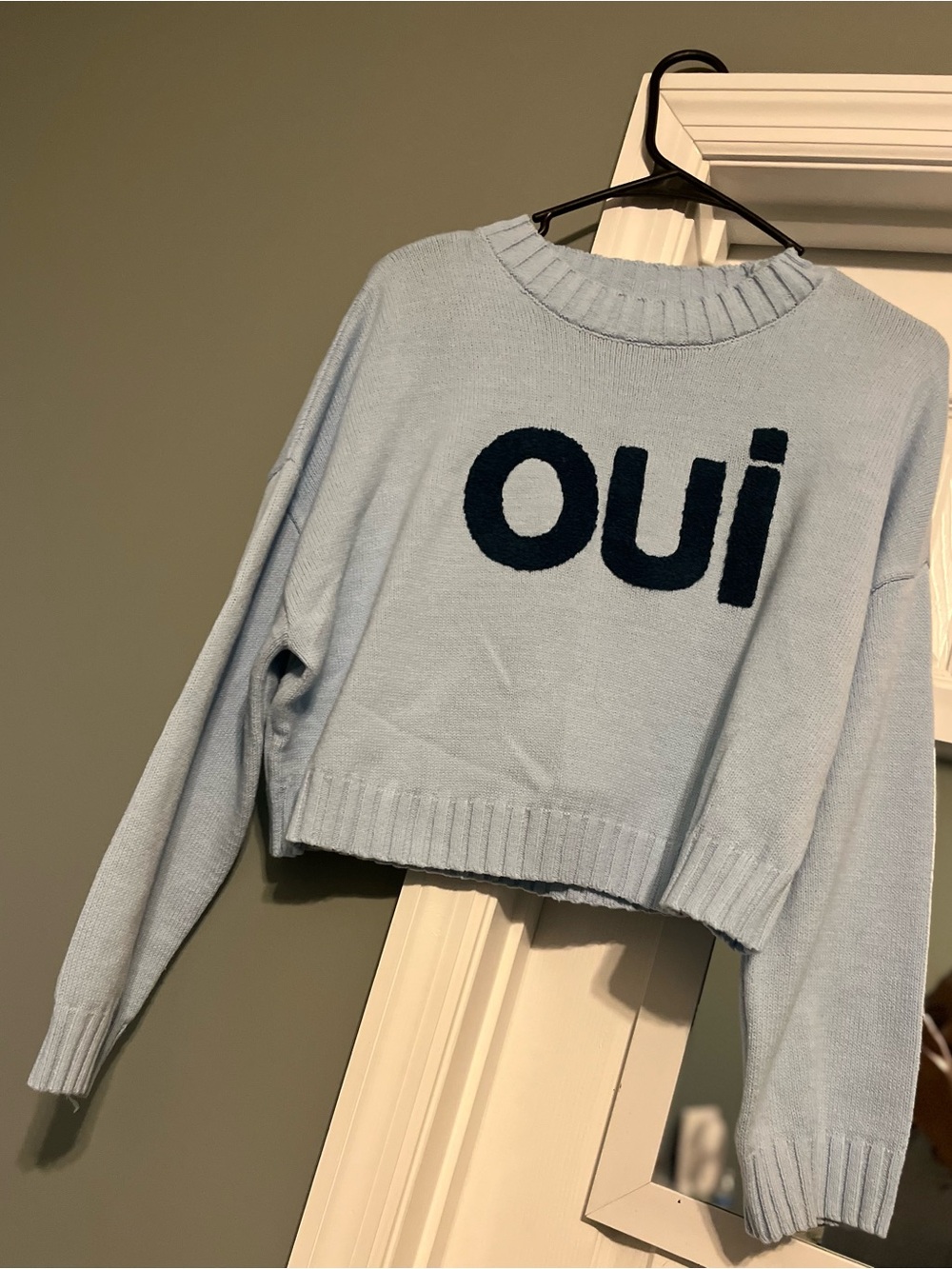 Light Blue 'Oui' Cropped Sweater